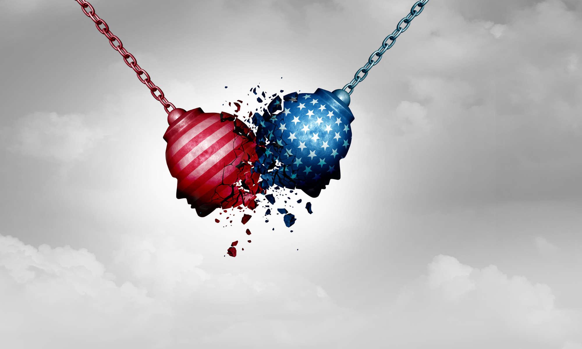 Illustration showing two wrecking balls, one blue with stars and one red with stripes, each with a profile of a face, crashing against each other against a gray background to illustrate partisan hostility in American democracy.