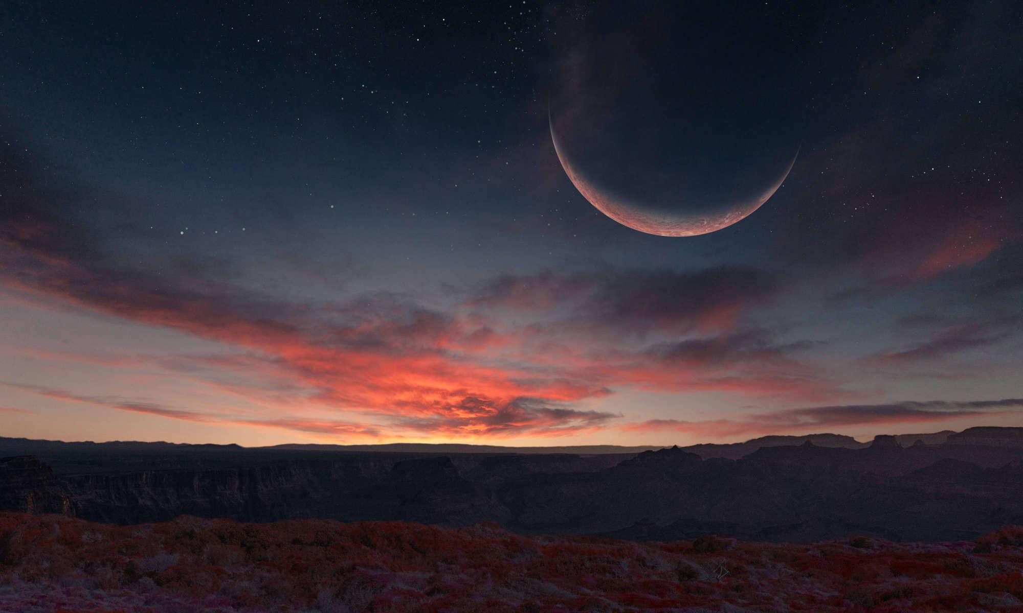 Photo illustration depicting a rocky Earth-like landscape with the orange-pink light of a setting sun reflecting off a large moon likely formed with the limited role of streaming instability.